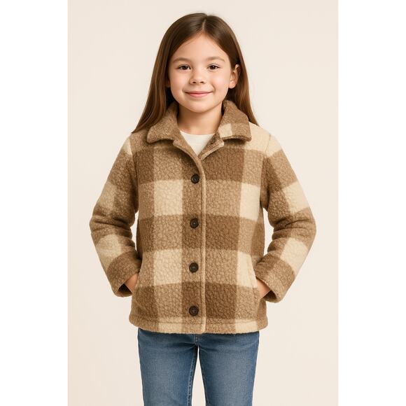 Cozy Plaid Sherpa Jacket Brown Cream Check Kids Size 140 (10) - Picture 1 of 5